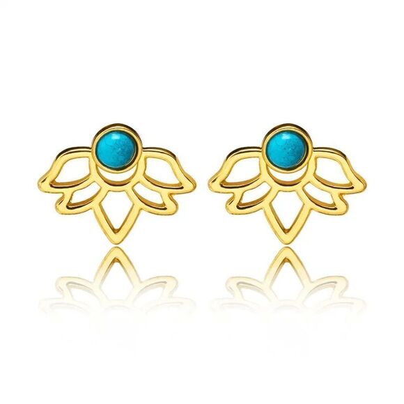 Gold Lotus Flower Turquoise Stud Earrings - Picture 1 of 4